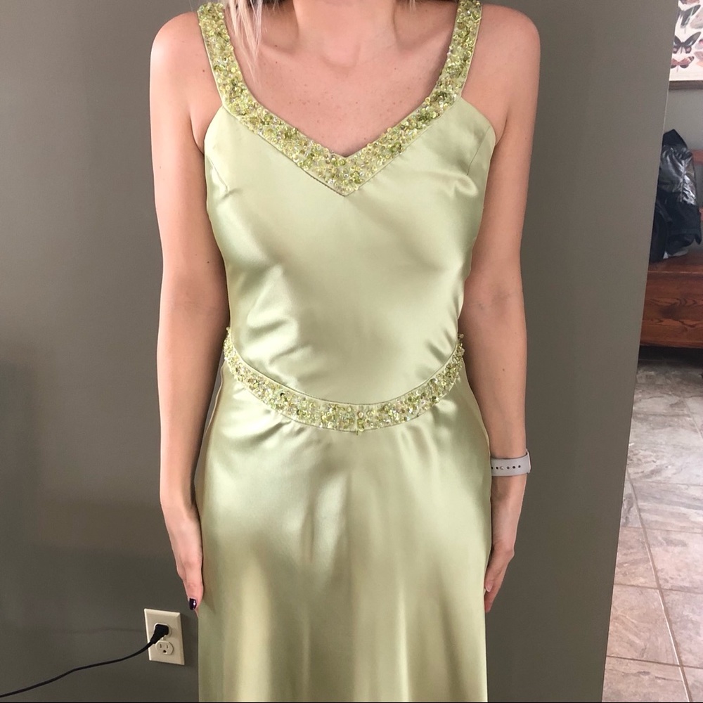 Satin formal dress with low back and beaded detail